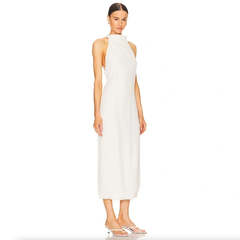 574. ST. AGNI Asymmetrical Belt Back Off White Midi Dress $449 Like New XS - Picture 2 of 5